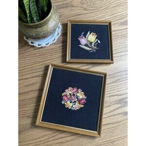 Vintage Floral Crossstitch Set Framed Floral Cross Stitch Wall Decor Set Of 2